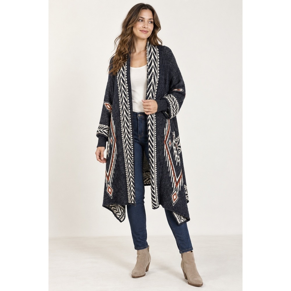 GILI Women's XL/1X Open Front Cardigan Navy Aztec Geometric Duster Sweater Boho